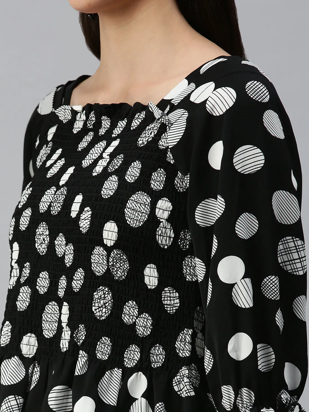 Women Black Geometric Print Monochrome Crepe Peplum Top
