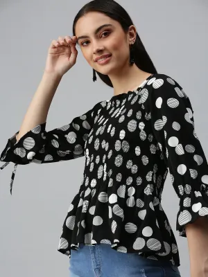 Women Black Geometric Print Monochrome Crepe Peplum Top