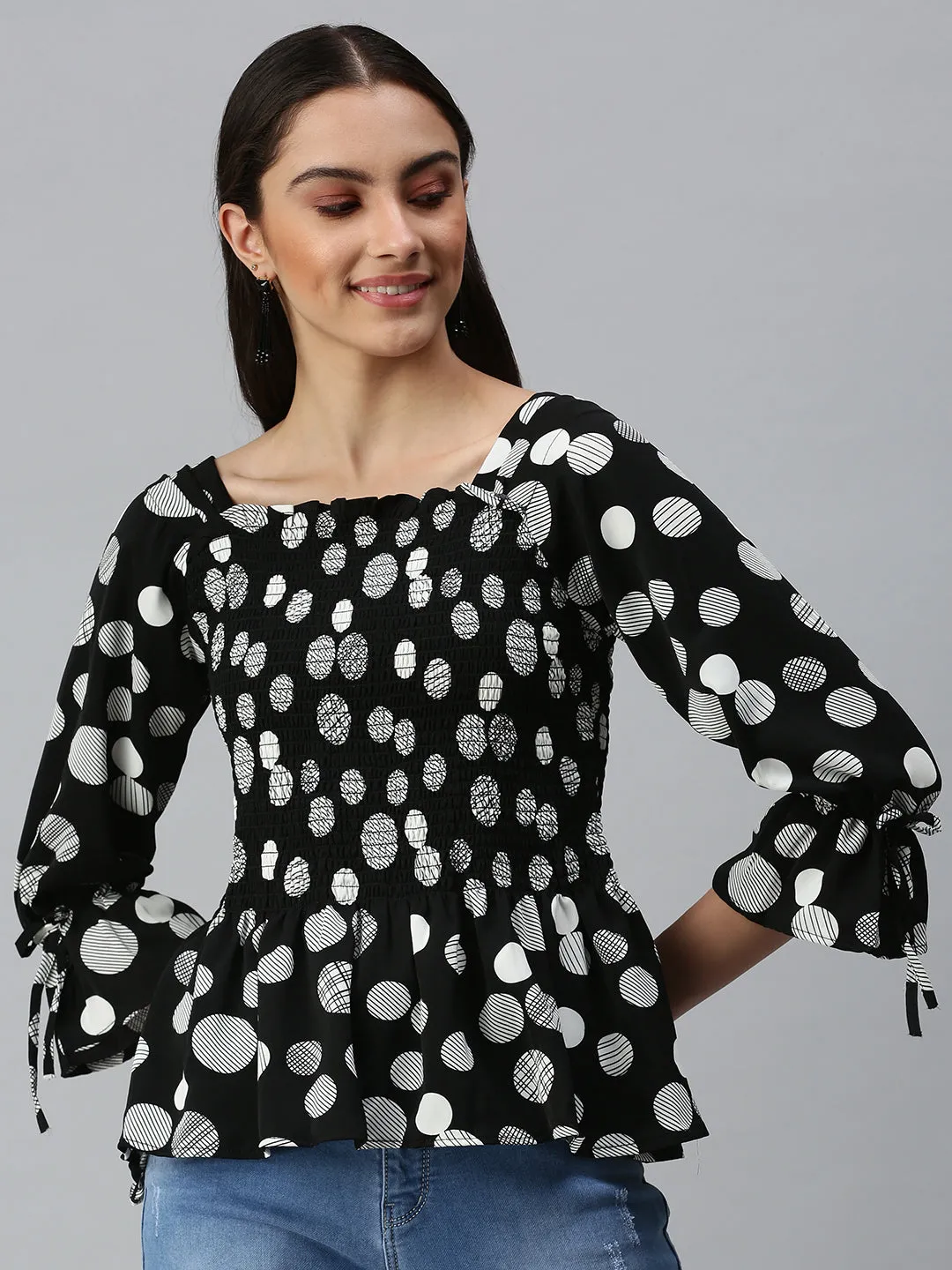 Women Black Geometric Print Monochrome Crepe Peplum Top