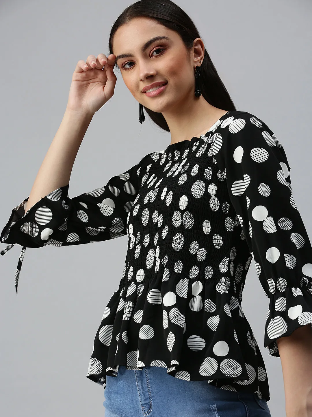 Women Black Geometric Print Monochrome Crepe Peplum Top
