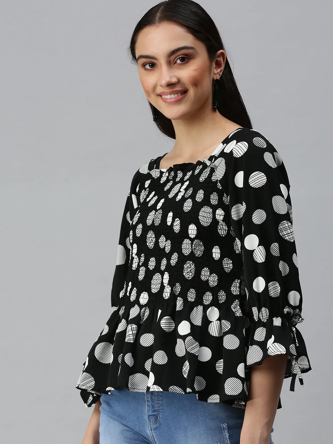 Women Black Geometric Print Monochrome Crepe Peplum Top