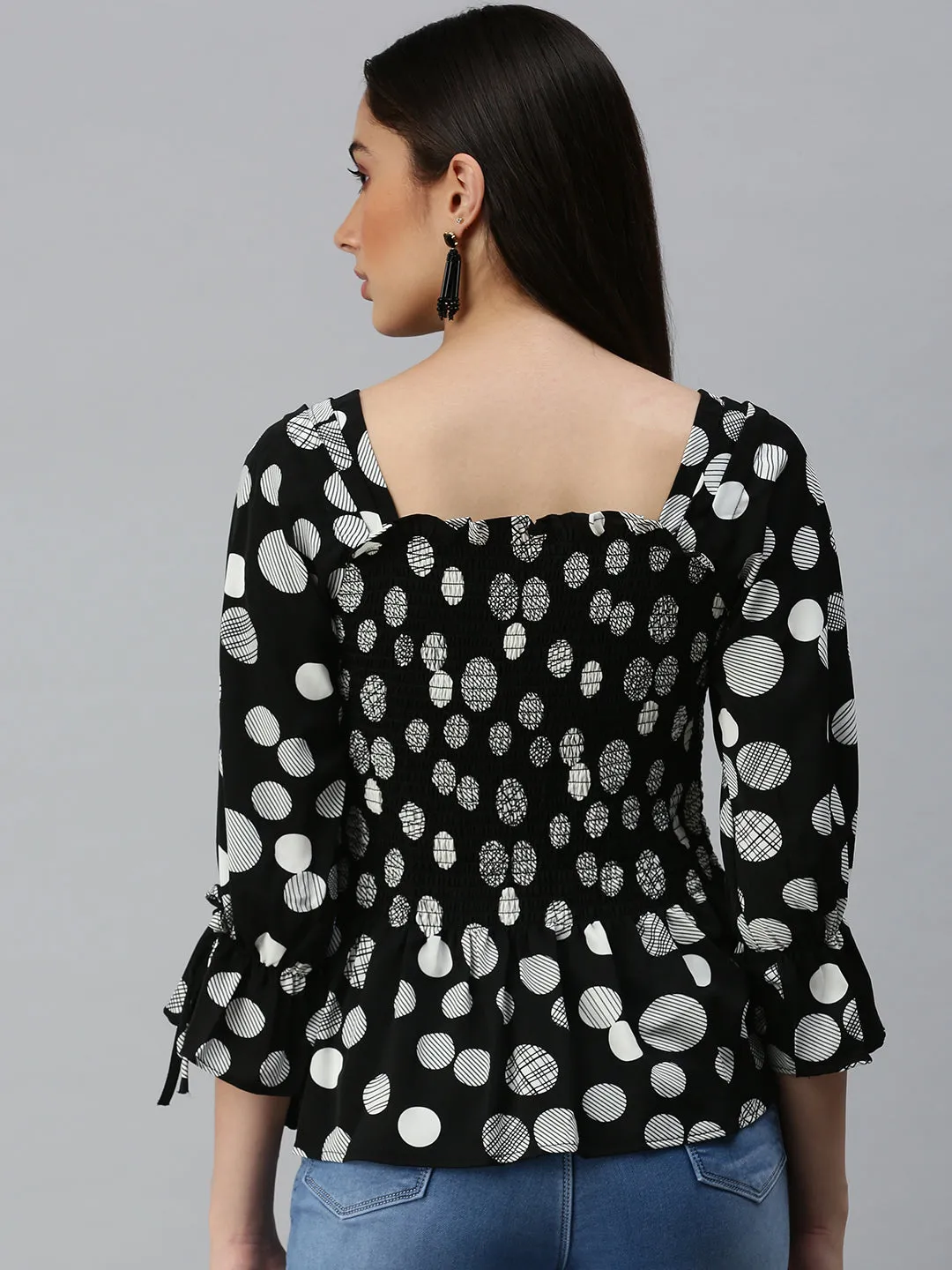 Women Black Geometric Print Monochrome Crepe Peplum Top