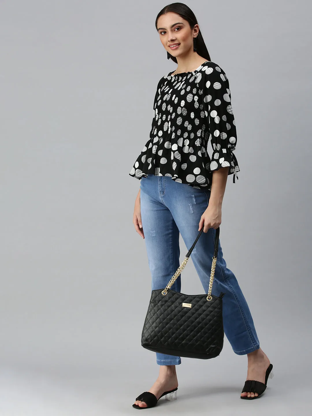Women Black Geometric Print Monochrome Crepe Peplum Top