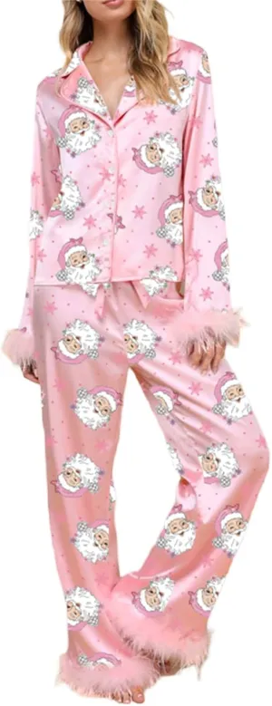 Women Feather Trim Silk Satin Pajama Set Christmas Button Down Shirts and Pants Outfit Sleepwear Loungewear