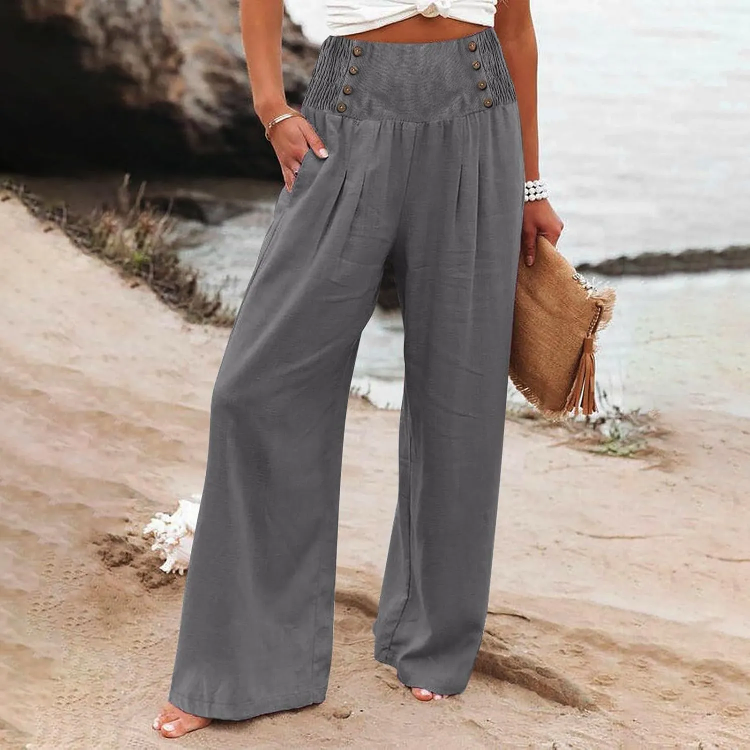 Women Linen Blend Summer Breathable Palazzo Lounge Pants High Waist Bootcut Loose Fit Trouser Office