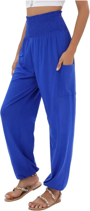 Women Linen Blend Summer Breathable Palazzo Lounge Pants High Waist Bootcut Loose Fit Trouser Office