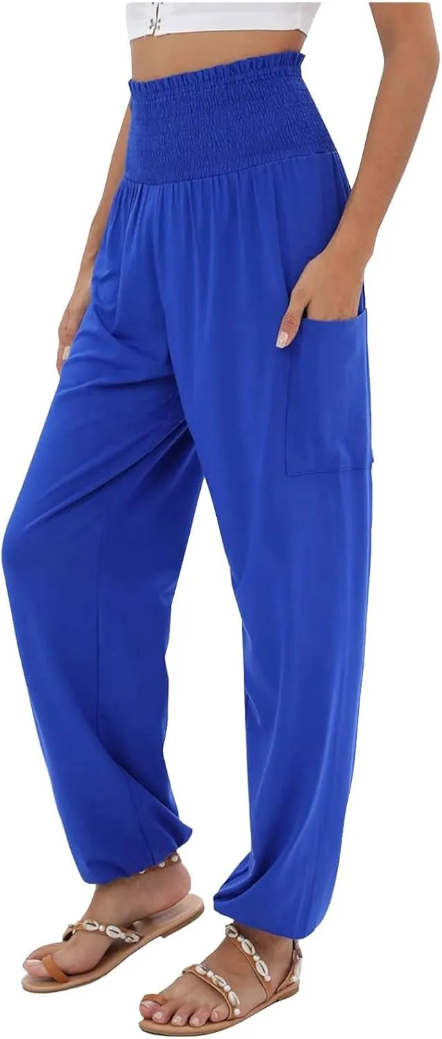 Women Linen Blend Summer Breathable Palazzo Lounge Pants High Waist Bootcut Loose Fit Trouser Office