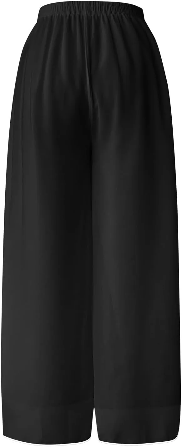 Women Linen Blend Summer Breathable Palazzo Lounge Pants High Waist Bootcut Loose Fit Trouser Office
