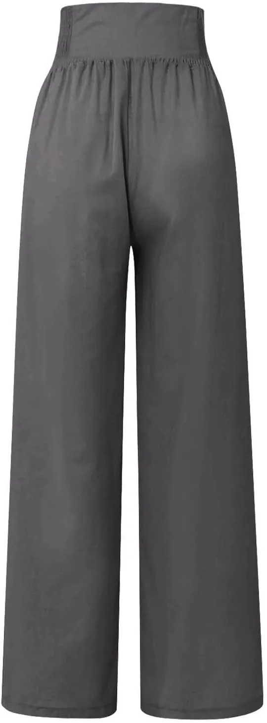 Women Linen Blend Summer Breathable Palazzo Lounge Pants High Waist Bootcut Loose Fit Trouser Office