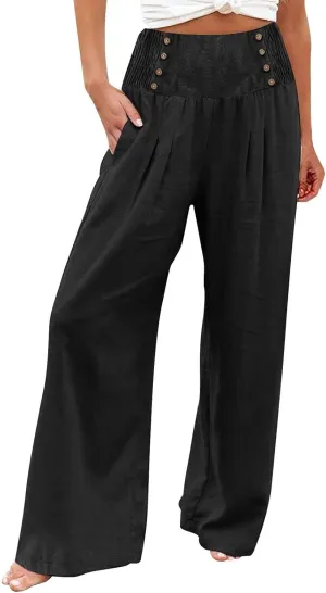 Women Linen Blend Summer Breathable Palazzo Lounge Pants High Waist Bootcut Loose Fit Trouser Office