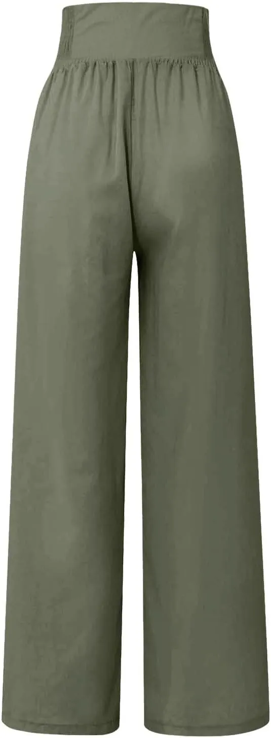 Women Linen Blend Summer Breathable Palazzo Lounge Pants High Waist Bootcut Loose Fit Trouser Office
