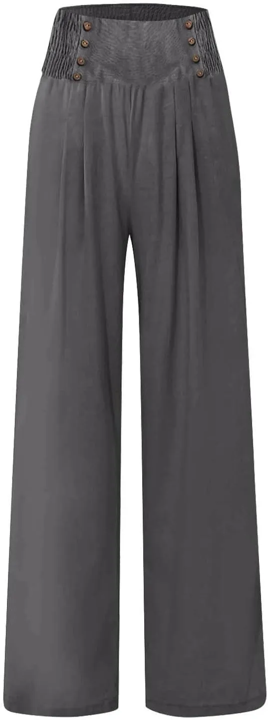 Women Linen Blend Summer Breathable Palazzo Lounge Pants High Waist Bootcut Loose Fit Trouser Office