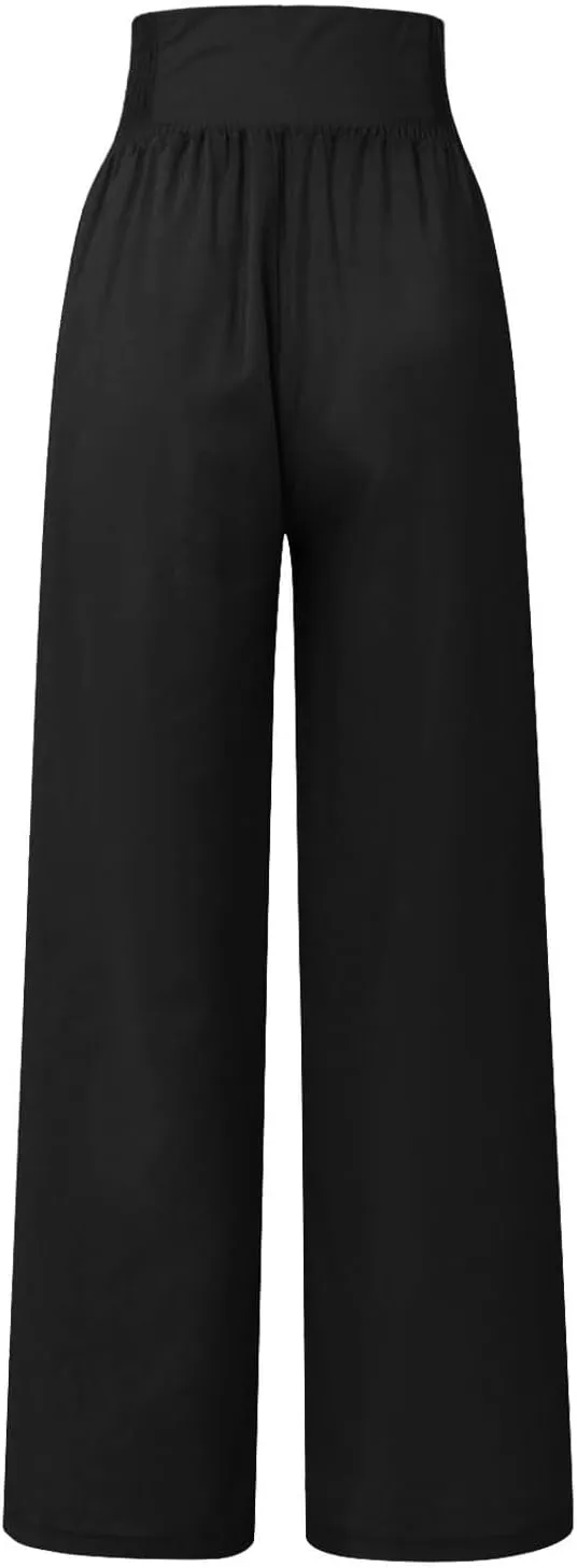 Women Linen Blend Summer Breathable Palazzo Lounge Pants High Waist Bootcut Loose Fit Trouser Office