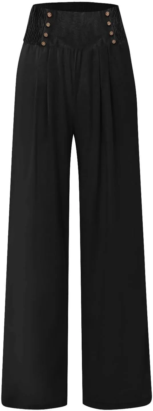 Women Linen Blend Summer Breathable Palazzo Lounge Pants High Waist Bootcut Loose Fit Trouser Office