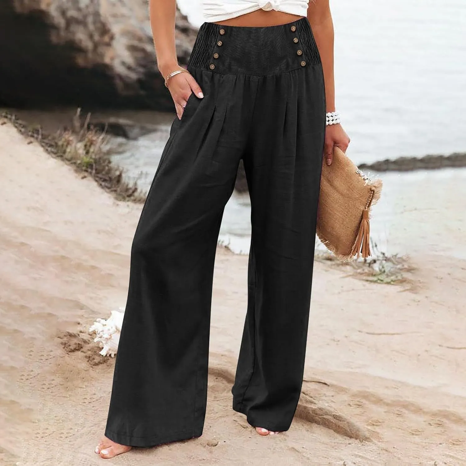 Women Linen Blend Summer Breathable Palazzo Lounge Pants High Waist Bootcut Loose Fit Trouser Office