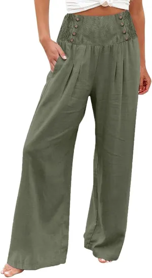 Women Linen Blend Summer Breathable Palazzo Lounge Pants High Waist Bootcut Loose Fit Trouser Office