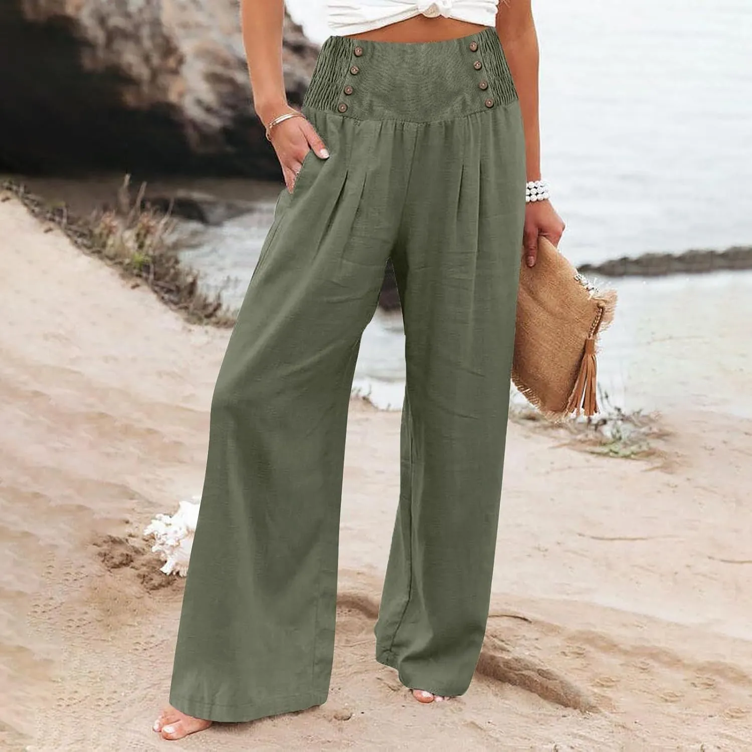 Women Linen Blend Summer Breathable Palazzo Lounge Pants High Waist Bootcut Loose Fit Trouser Office
