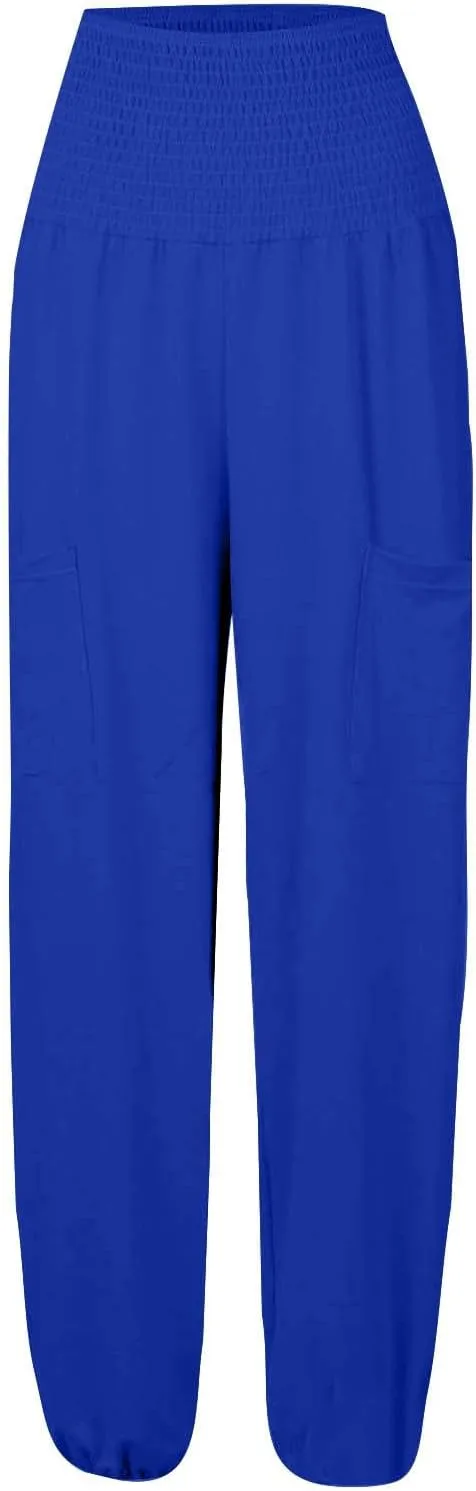 Women Linen Blend Summer Breathable Palazzo Lounge Pants High Waist Bootcut Loose Fit Trouser Office