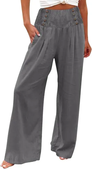 Women Linen Blend Summer Breathable Palazzo Lounge Pants High Waist Bootcut Loose Fit Trouser Office