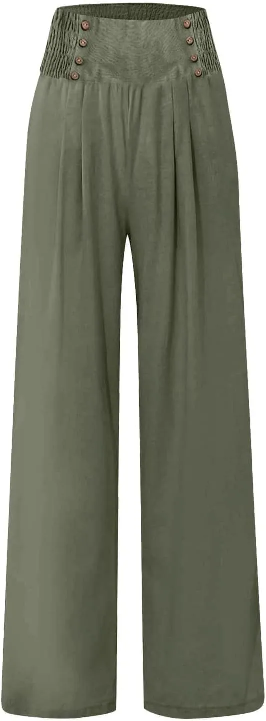 Women Linen Blend Summer Breathable Palazzo Lounge Pants High Waist Bootcut Loose Fit Trouser Office