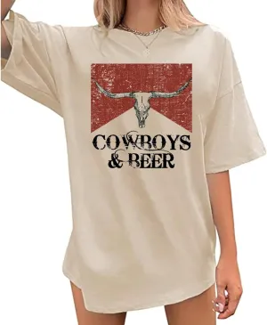 Women Oversized Cowboy and Beer T-Shirt Vintage Cow Skull Western Rodeo Shirt Country Music Concert Cowgirl Tee Tops