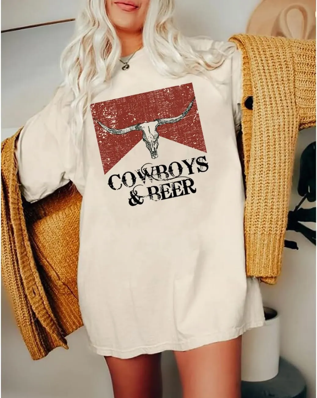 Women Oversized Cowboy and Beer T-Shirt Vintage Cow Skull Western Rodeo Shirt Country Music Concert Cowgirl Tee Tops