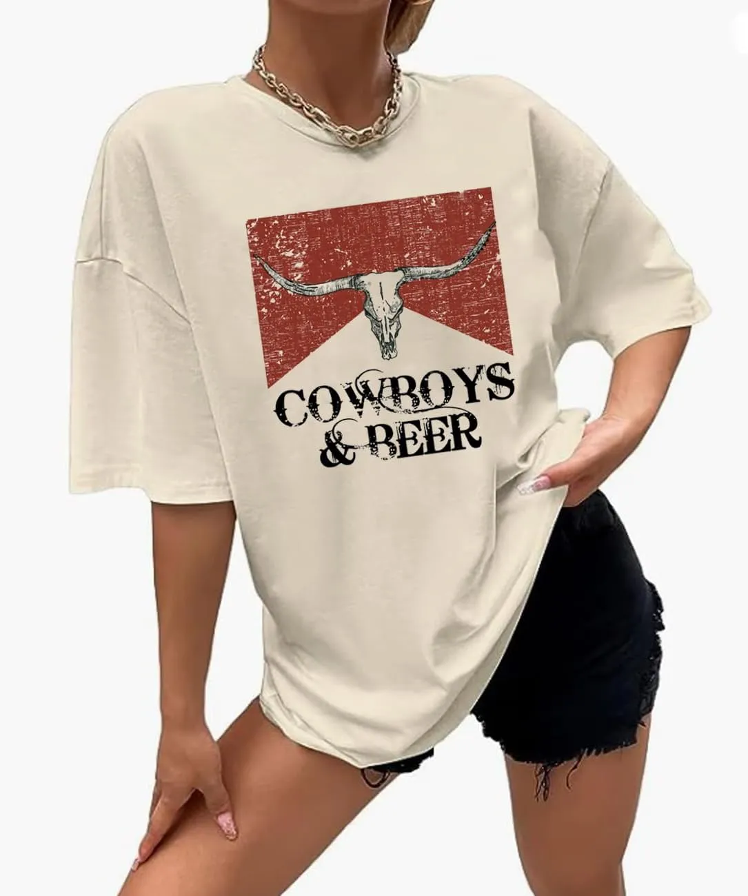 Women Oversized Cowboy and Beer T-Shirt Vintage Cow Skull Western Rodeo Shirt Country Music Concert Cowgirl Tee Tops