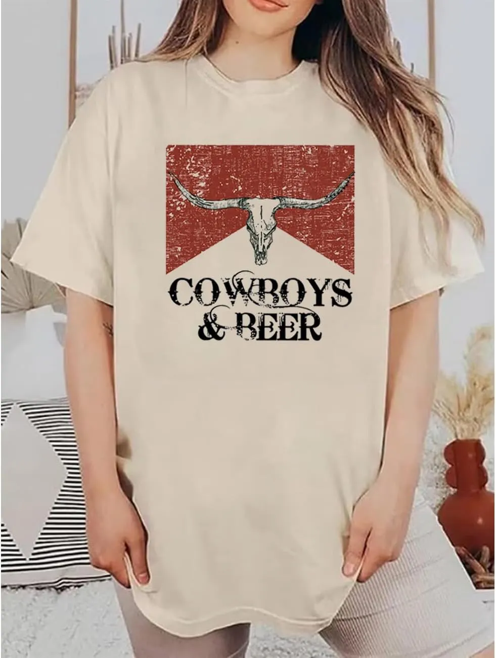 Women Oversized Cowboy and Beer T-Shirt Vintage Cow Skull Western Rodeo Shirt Country Music Concert Cowgirl Tee Tops