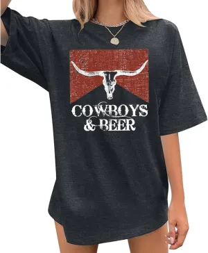 Women Oversized Cowboy and Beer T-Shirt Vintage Cow Skull Western Rodeo Shirt Country Music Concert Cowgirl Tee Tops