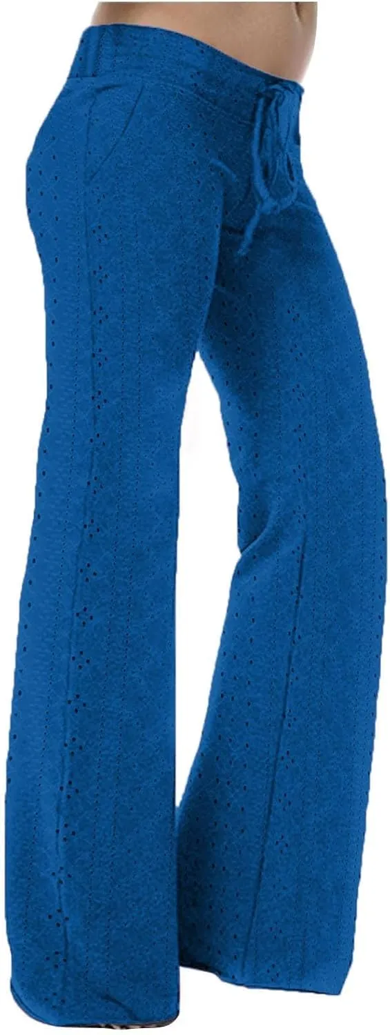 Women Straight Leg Pants Breathable Hollow Out Eyelets Wide Leg Pants Drawstring High Waist Pant Casual Yoga Trousers