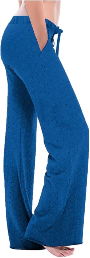 Women Straight Leg Pants Breathable Hollow Out Eyelets Wide Leg Pants Drawstring High Waist Pant Casual Yoga Trousers