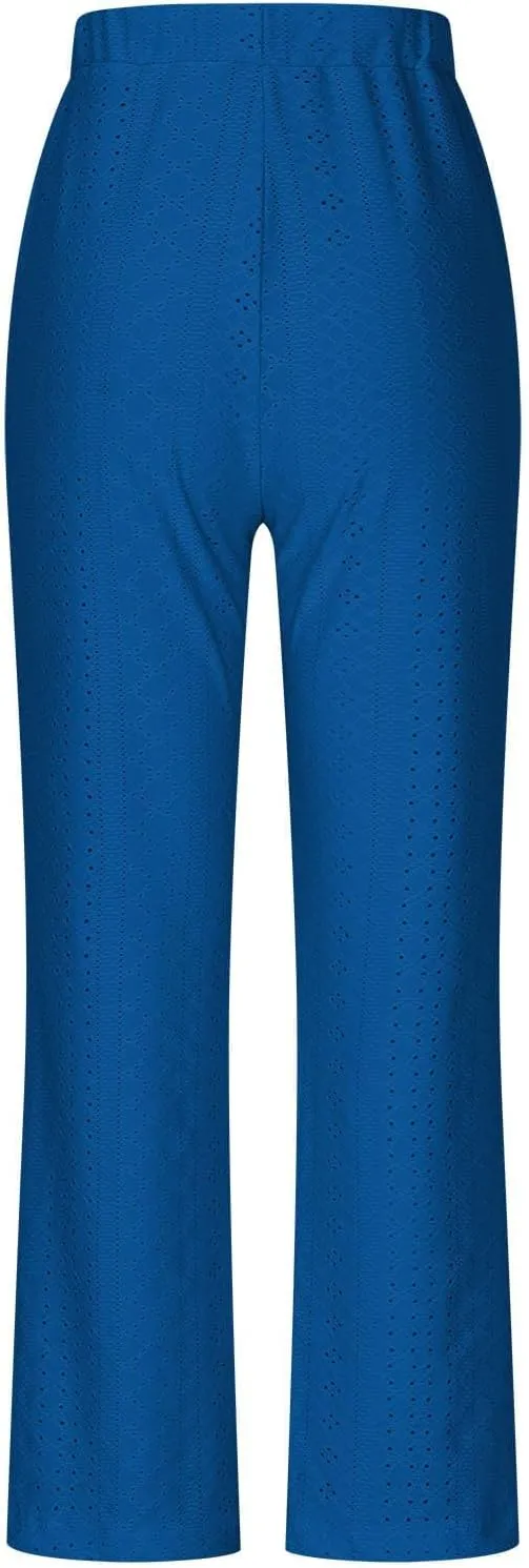 Women Straight Leg Pants Breathable Hollow Out Eyelets Wide Leg Pants Drawstring High Waist Pant Casual Yoga Trousers