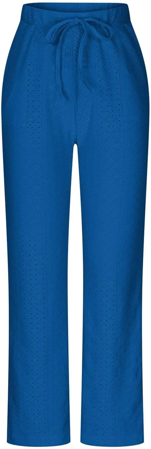 Women Straight Leg Pants Breathable Hollow Out Eyelets Wide Leg Pants Drawstring High Waist Pant Casual Yoga Trousers