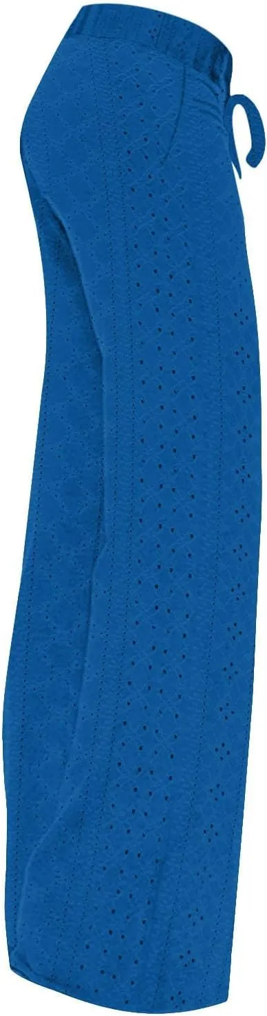 Women Straight Leg Pants Breathable Hollow Out Eyelets Wide Leg Pants Drawstring High Waist Pant Casual Yoga Trousers
