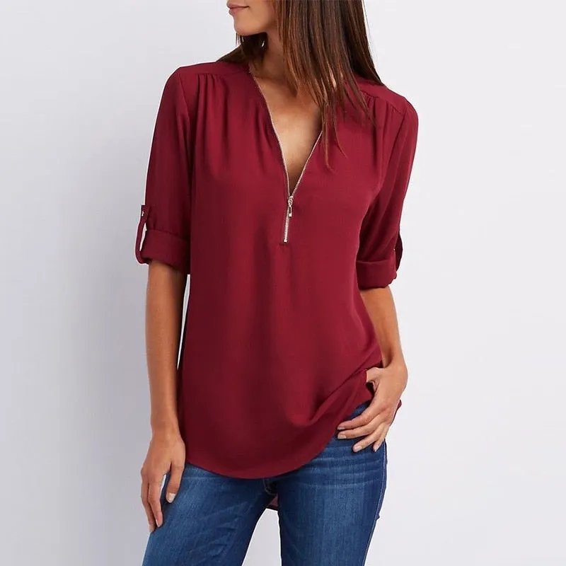 Women Summer Chiffon Shirts V Neck Pullover Zipper Loose Long Sleeves Casual Tops QL Sale