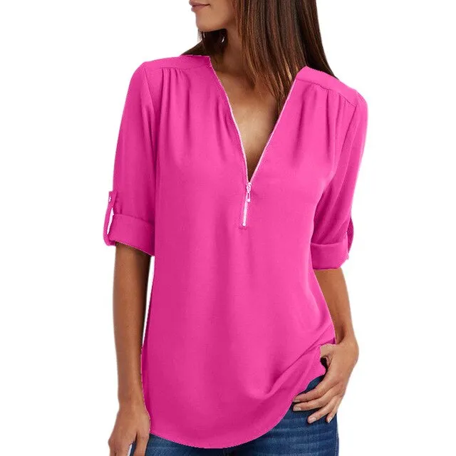 Women Summer Chiffon Shirts V Neck Pullover Zipper Loose Long Sleeves Casual Tops QL Sale