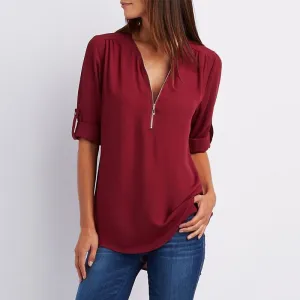 Women Summer Chiffon Shirts V Neck Pullover Zipper Loose Long Sleeves Casual Tops QL Sale