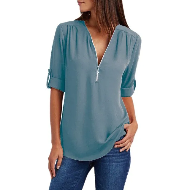 Women Summer Chiffon Shirts V Neck Pullover Zipper Loose Long Sleeves Casual Tops QL Sale