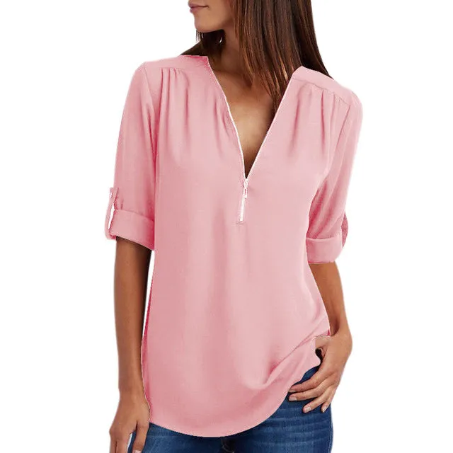 Women Summer Chiffon Shirts V Neck Pullover Zipper Loose Long Sleeves Casual Tops QL Sale