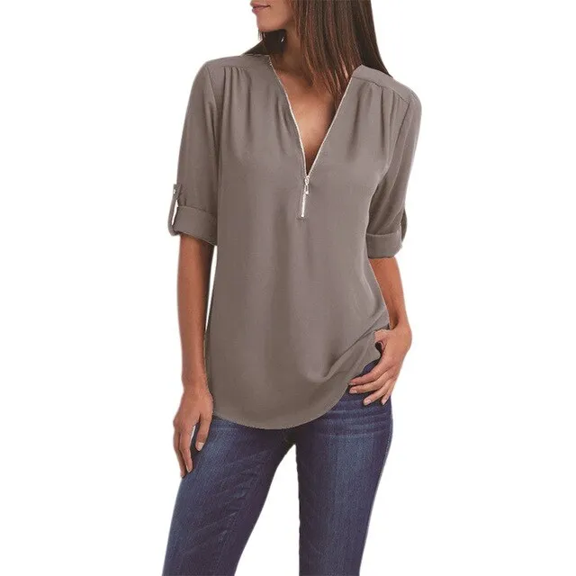 Women Summer Chiffon Shirts V Neck Pullover Zipper Loose Long Sleeves Casual Tops QL Sale