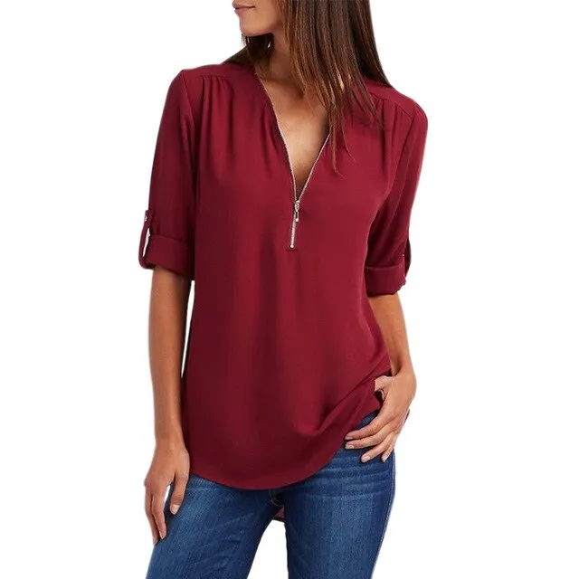 Women Summer Chiffon Shirts V Neck Pullover Zipper Loose Long Sleeves Casual Tops QL Sale