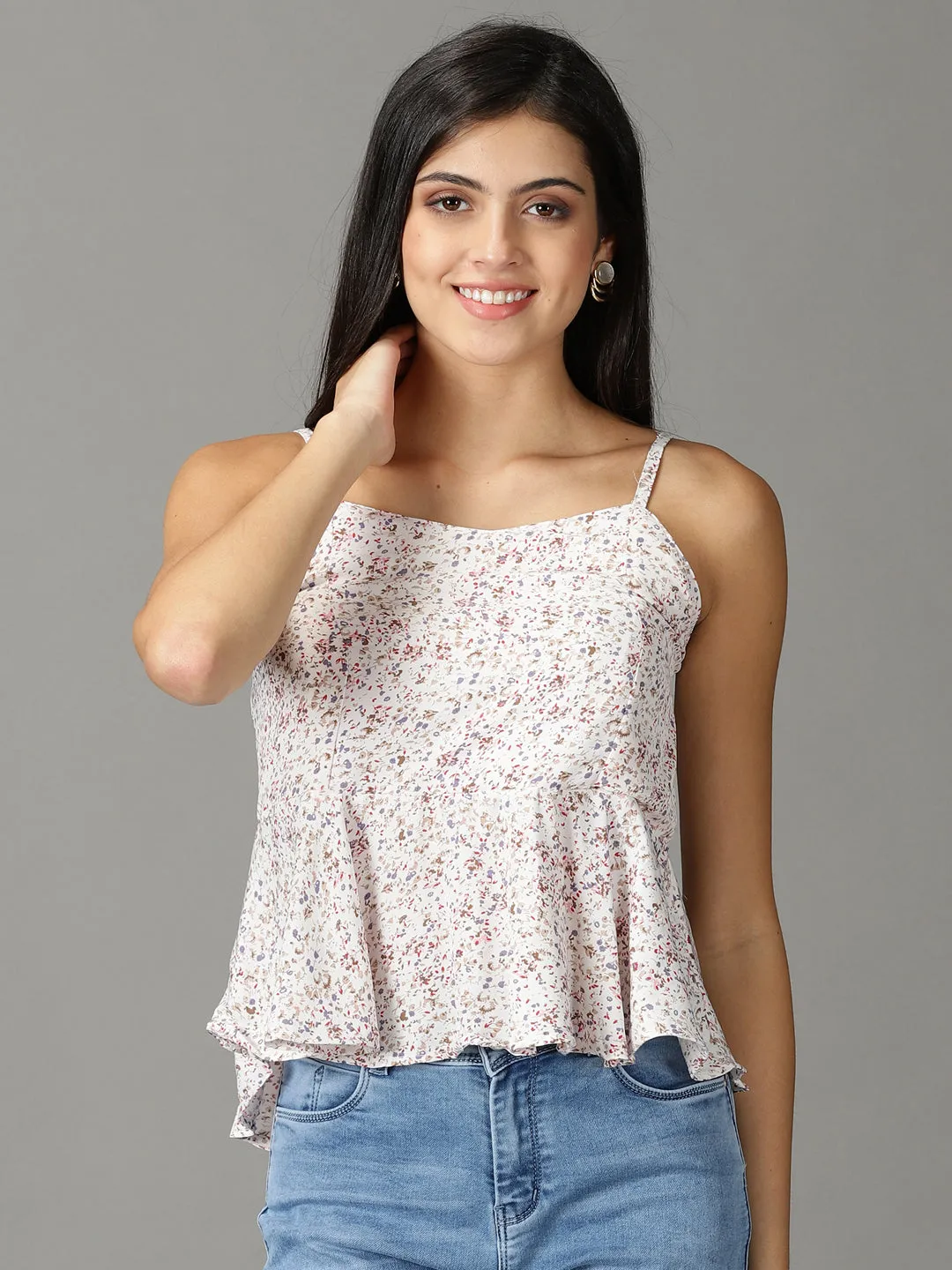 Women White Floral Print Peplum Top