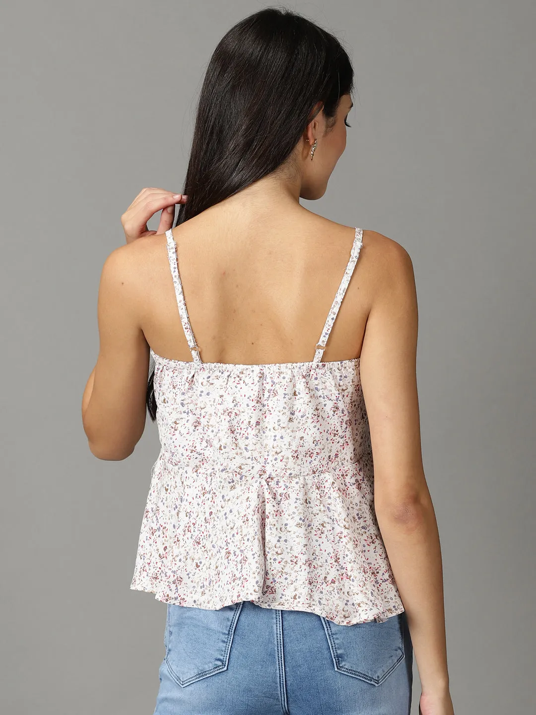 Women White Floral Print Peplum Top