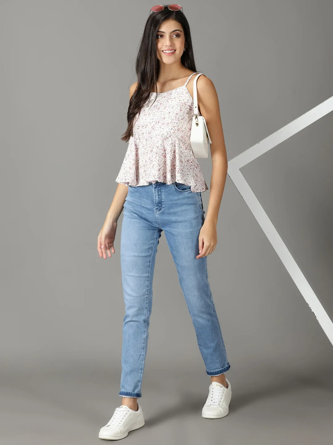 Women White Floral Print Peplum Top
