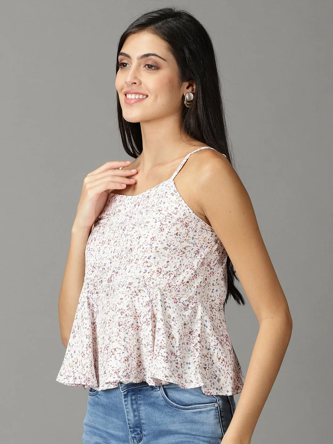 Women White Floral Print Peplum Top