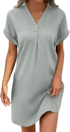 Women's 2025 Summer V Neck Dress Solid Button Down Pullover Short Sleeve Shirts Sundress Beach Travel Vacation Outfits