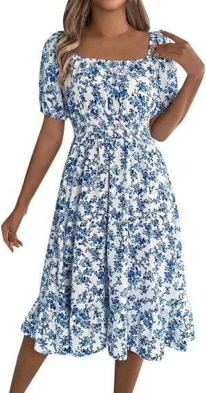 Womens Casual Summer Dresses Short Sleeve Square Neck Smocked Boho Floral Sundress Flowy A-Line Mini Dress