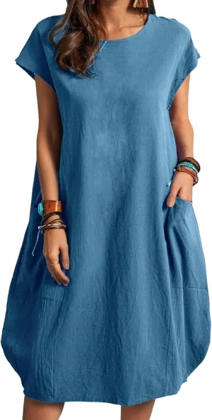 Women's Cotton Linen Dress Oversized Tunic Short Sleeve Midi Dresses Plus Size Solid Color Dress with Pockets