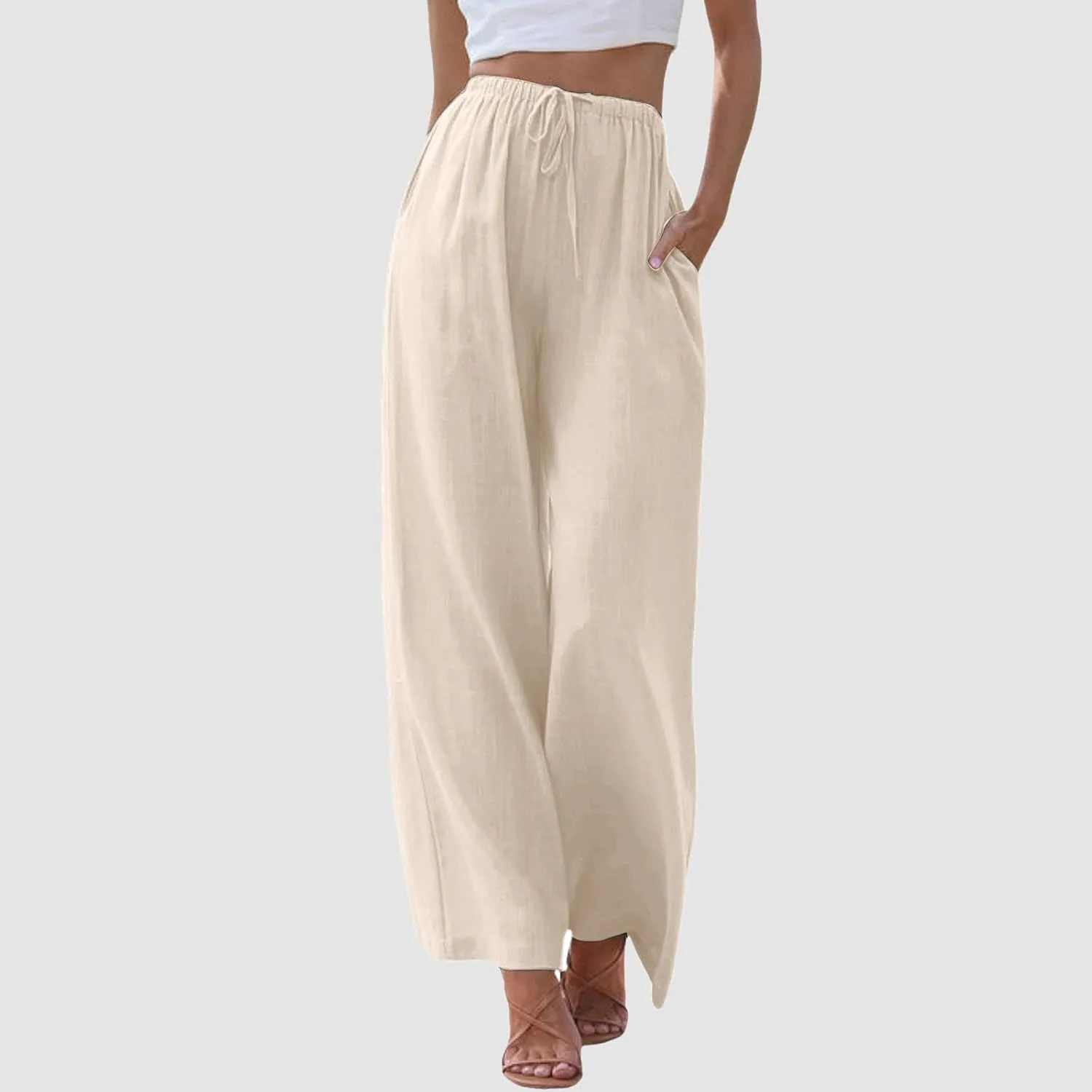 Women's Cotton Linen Summer Breathable Palazzo Lounge Pants High Waist Wide Leg Slim-Fit Trousers Business Work