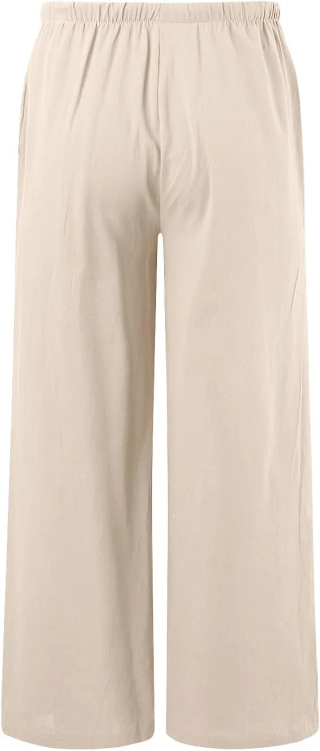 Women's Cotton Linen Summer Breathable Palazzo Lounge Pants High Waist Wide Leg Slim-Fit Trousers Business Work